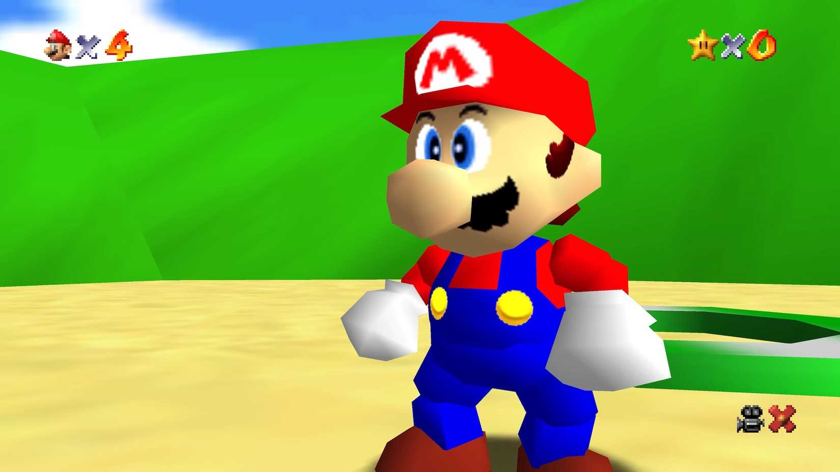 A Super Mario 64 screenshot featuring Mario standing outside of Peach's castle