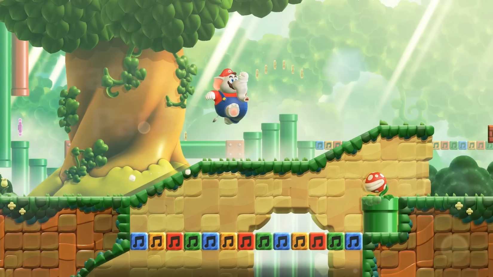 Tangkapan layar Super Mario Bros. Wonder yang menampilkan Mario dengan peningkatan kekuatan gajah di level Tanaman Piranha di Parade