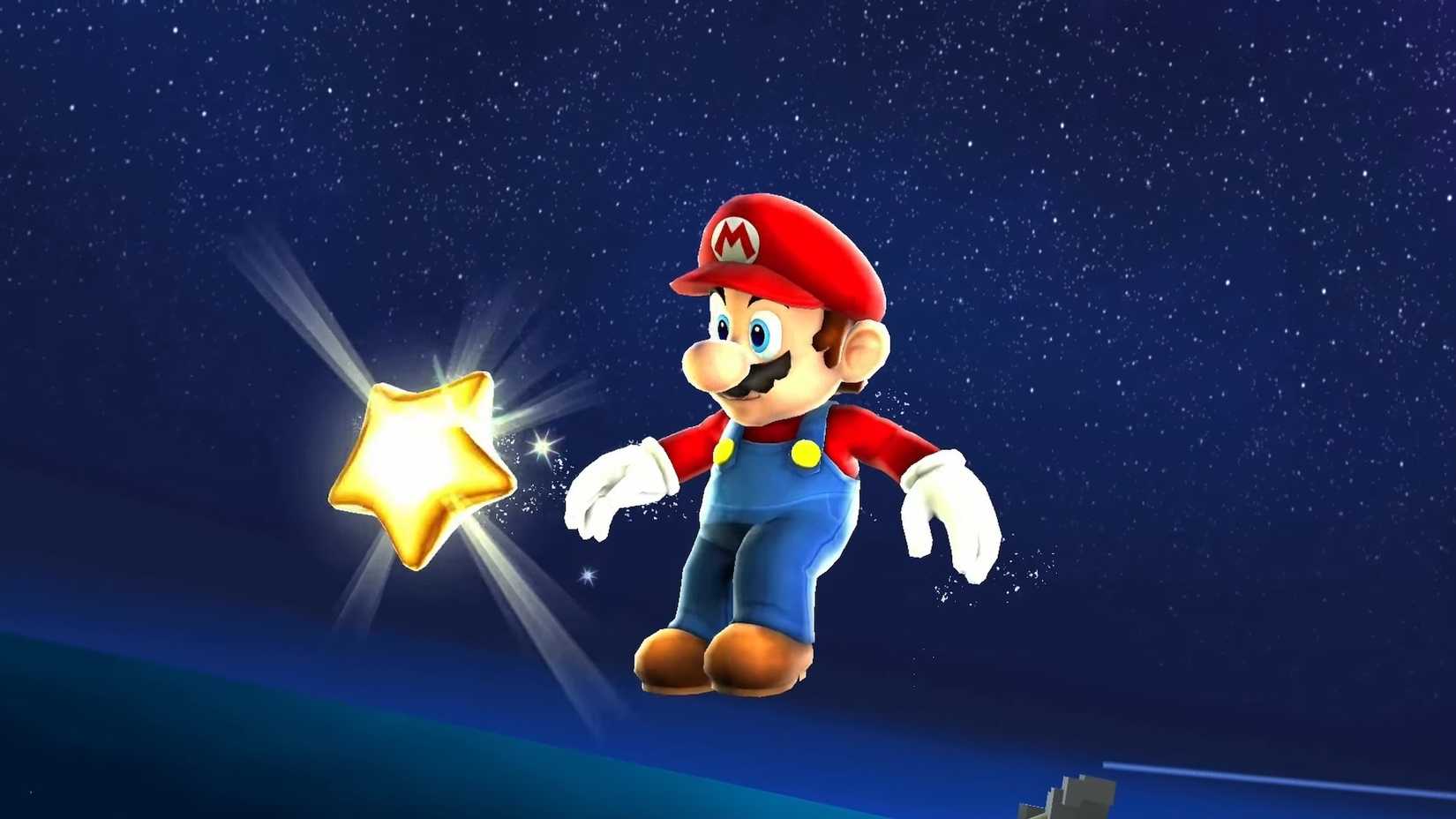 A Super Mario Galaxy screenshot featuring Mario getting a star.