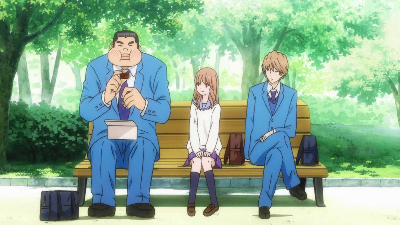 Takeo Gouda eating food made by Rinko as Makoto accompanies them in My Love Story