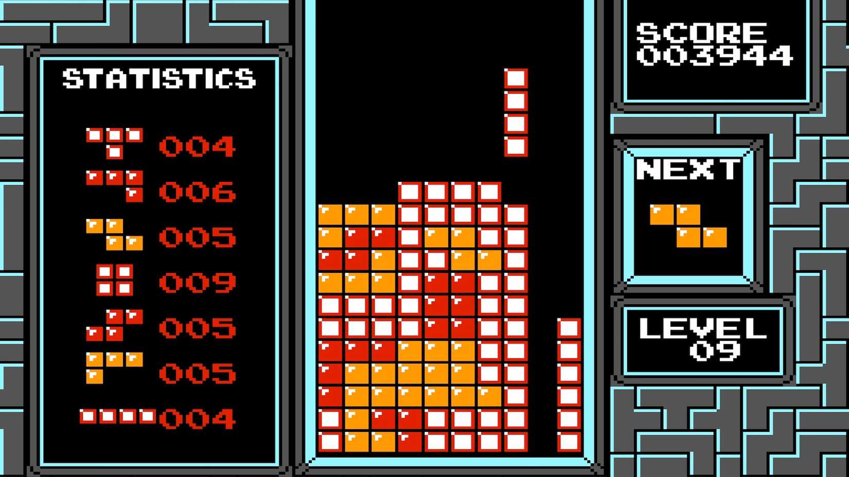 Tangkapan layar Tetris untuk Nintendo Entertainment System, menampilkan gameplay dengan tetromino yang ditumpuk di bagian bawah lapangan permainan.