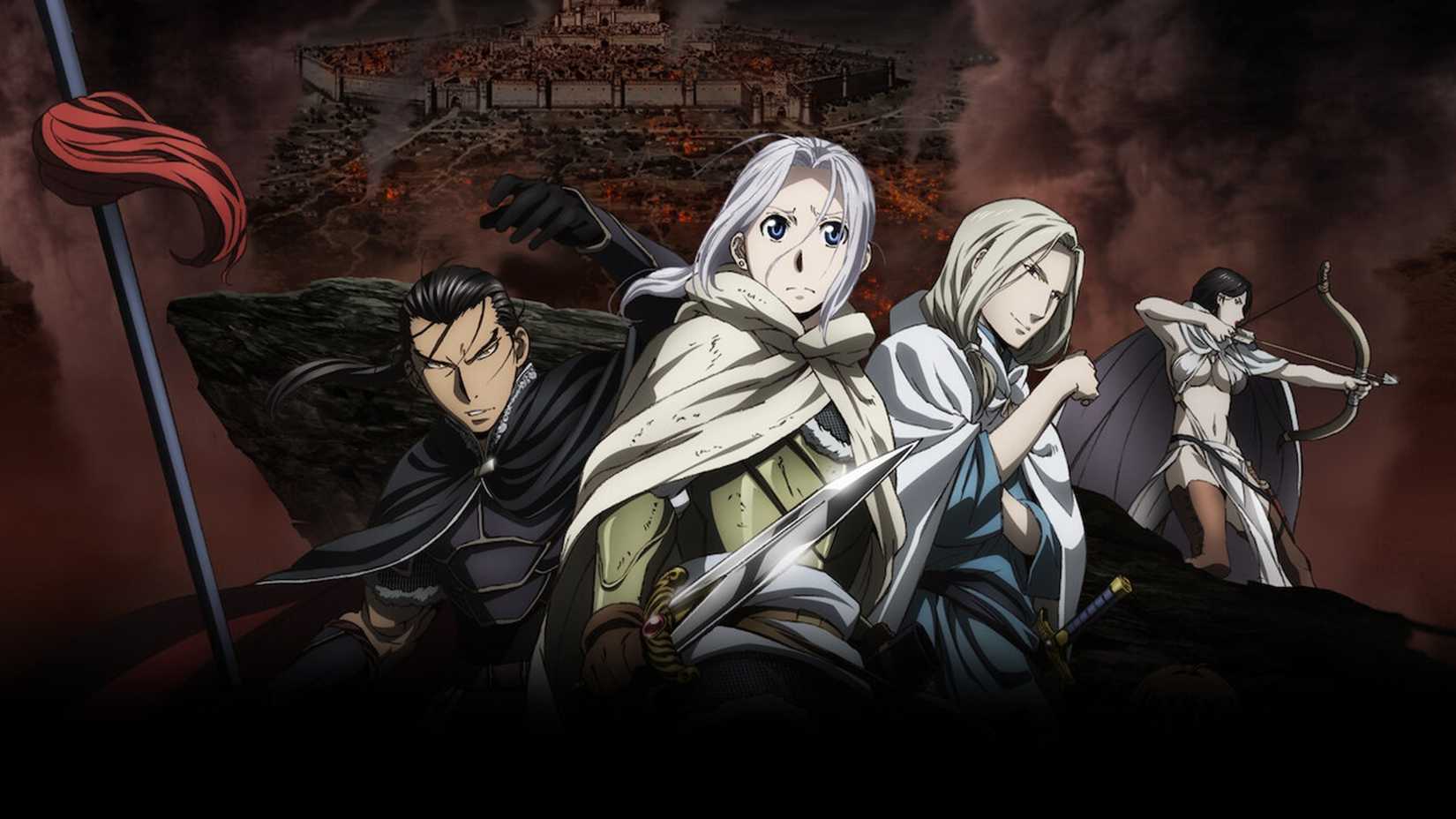 Capture d'écran de la légende héroïque d'Arslan montrant Arslan, Daryun et Narus debout devant une ville détruite