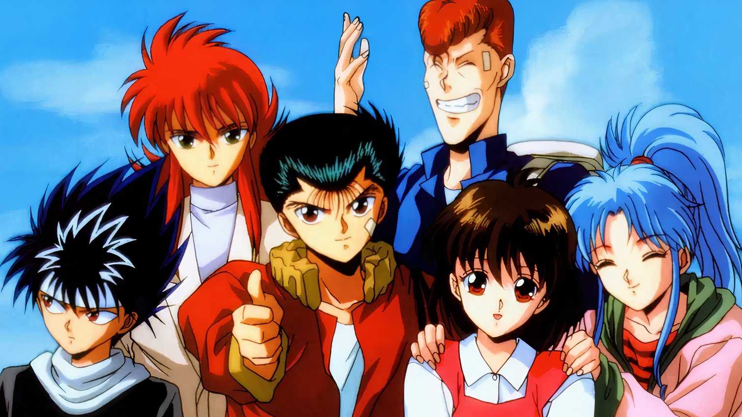 Yusuke Urameshi and friends pose for a photo in Yu Yu Hakusho.