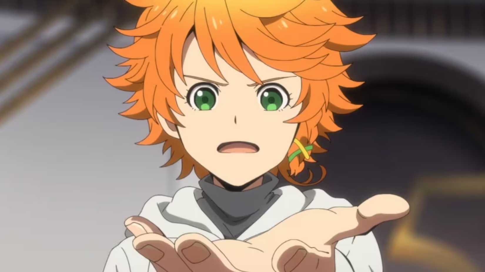 Emma holds out her hand to her friend Peter while urging him to come with her in The Promised Neverland