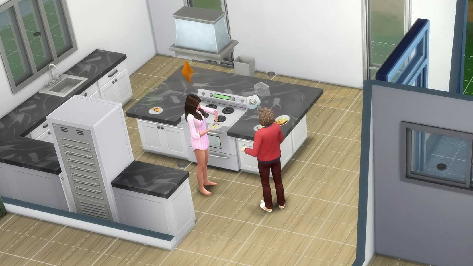 Tangkapan layar The Sims 4 menunjukkan dua Sim berinteraksi di dapur