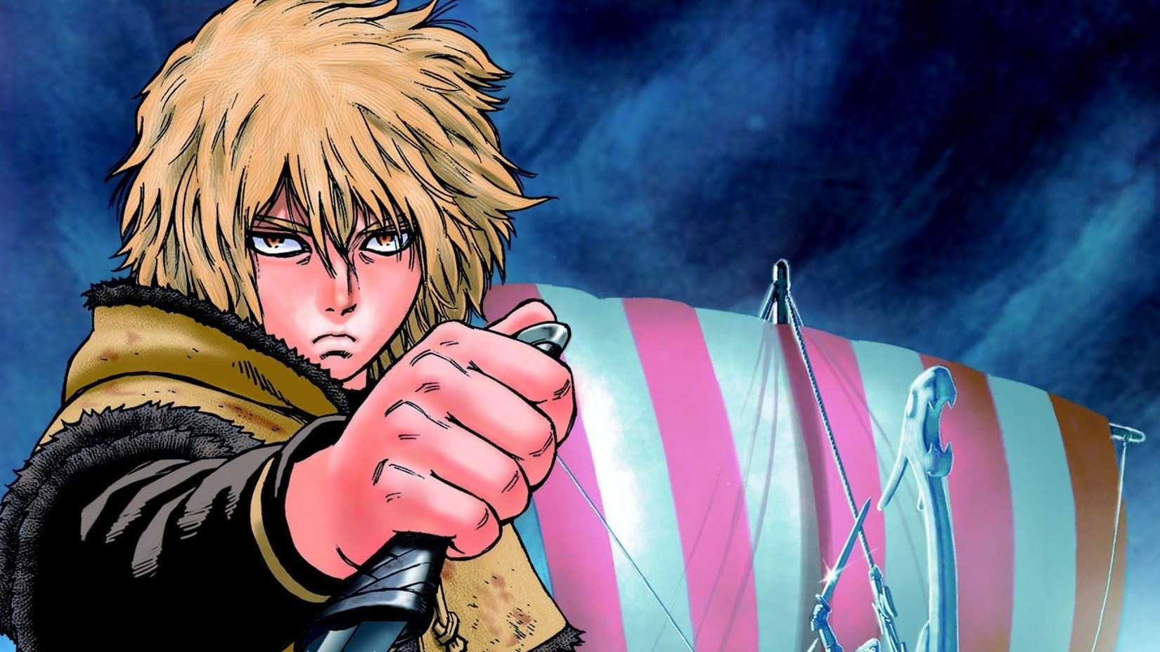 Thorfinn tenant un poignard dans la couverture du manga Vinland Saga