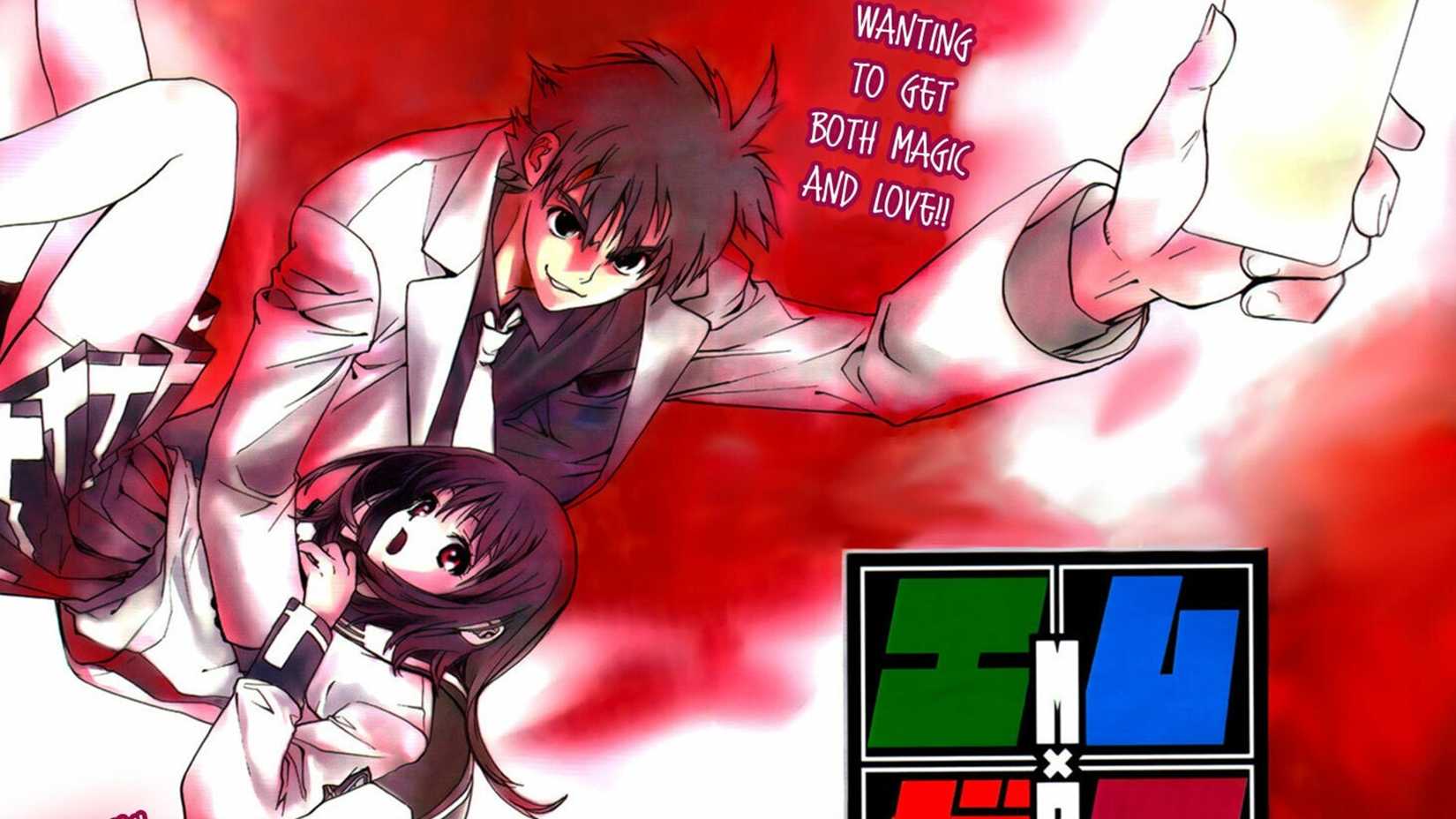 Taiga Kuzumi holding Aika Hiiragi in his arms while holding up his glowing magic plate with a grin in Mx0