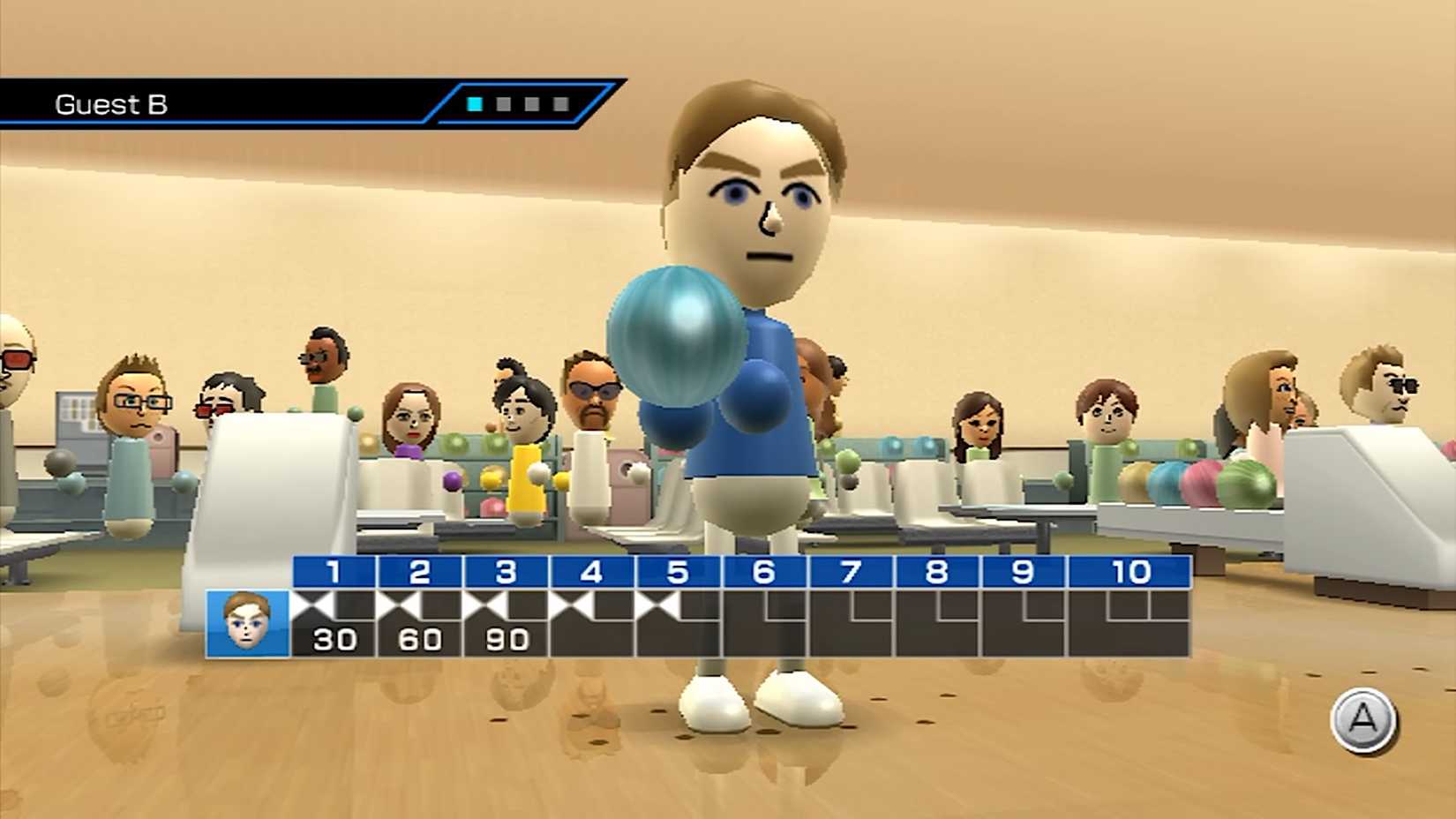 A Wii Sports screenshot featuring a Mii character bowling