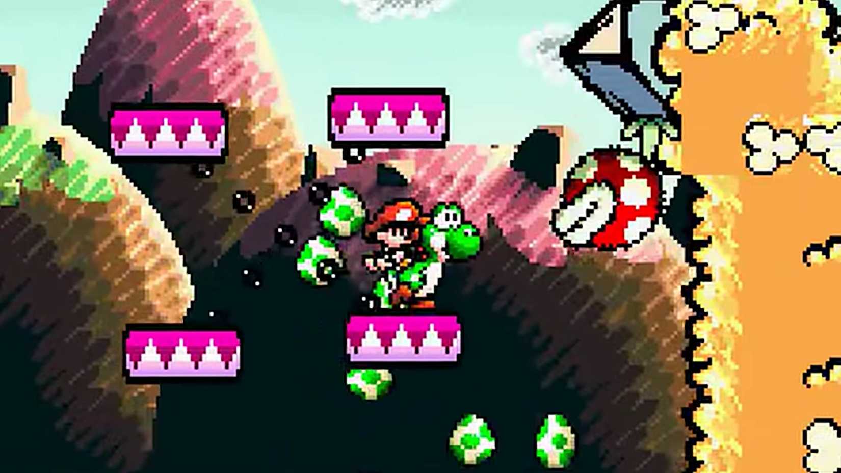 A Yoshi's Island screenshot featuring Yoshi facing a Pirhana Plant.