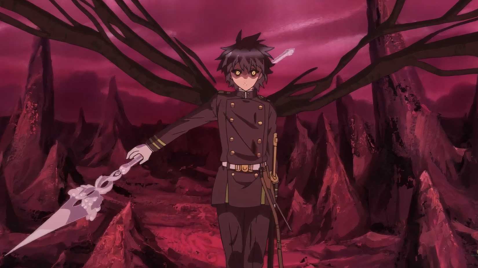 Yuichiro from Seraph of the End holding a spear made of salt in his Salt King form