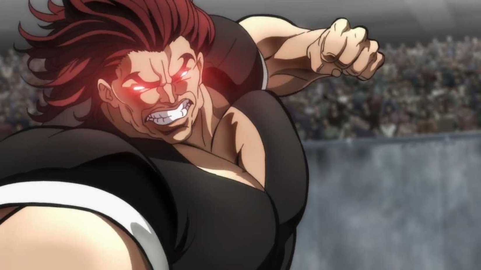 Yujiro Hanma with glowing eyes pulling a punch in Baki