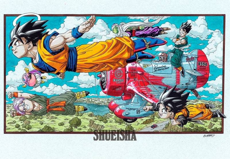 Goku and other Dragon Ball Z characters soaring through the air alongside one another