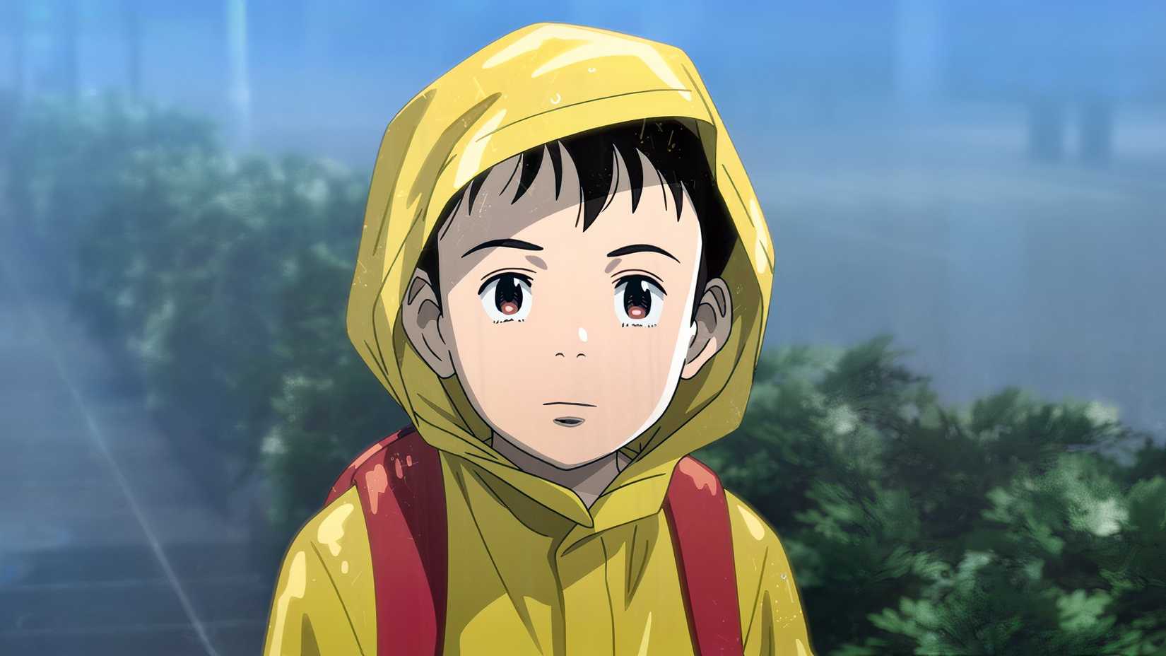 Atom aka Astro Boy looks at the camera wearing a yellow raincoat in Pluto