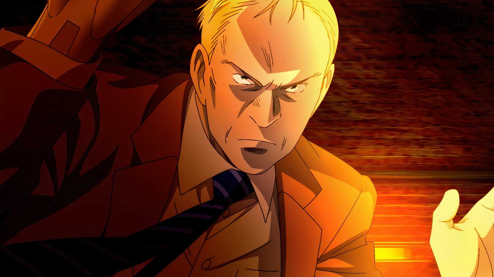 Gesicht, a robot detective with blond hair in a suit, stares with determination in Pluto