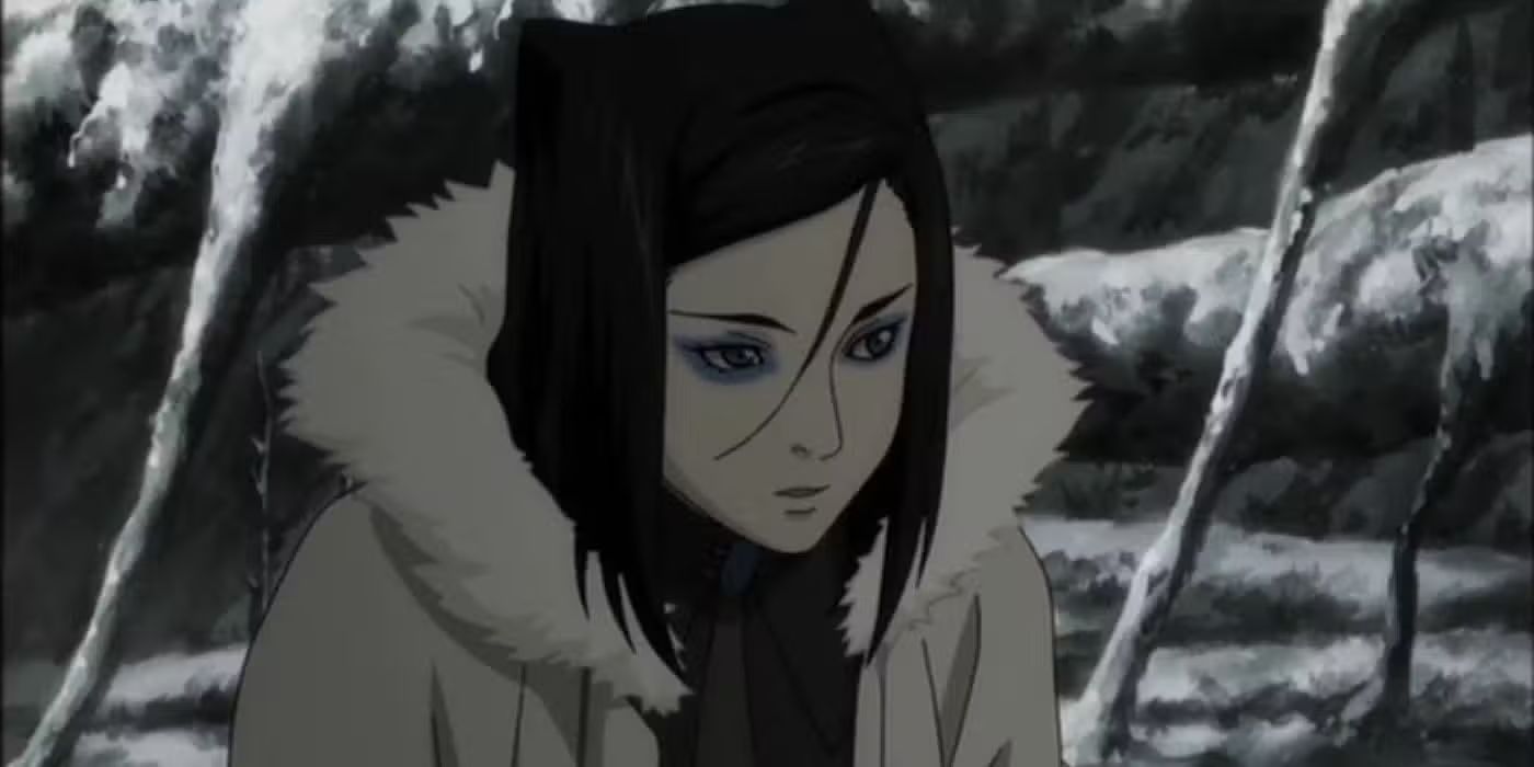 A woman in a fur coat stands in snow in Ergo Proxy