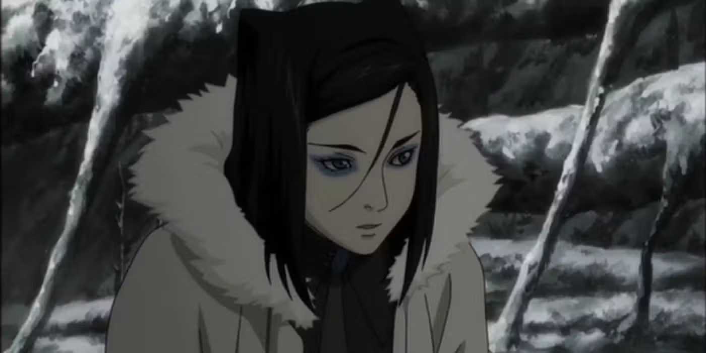 A woman in a fur coat stands in snow in Ergo Proxy