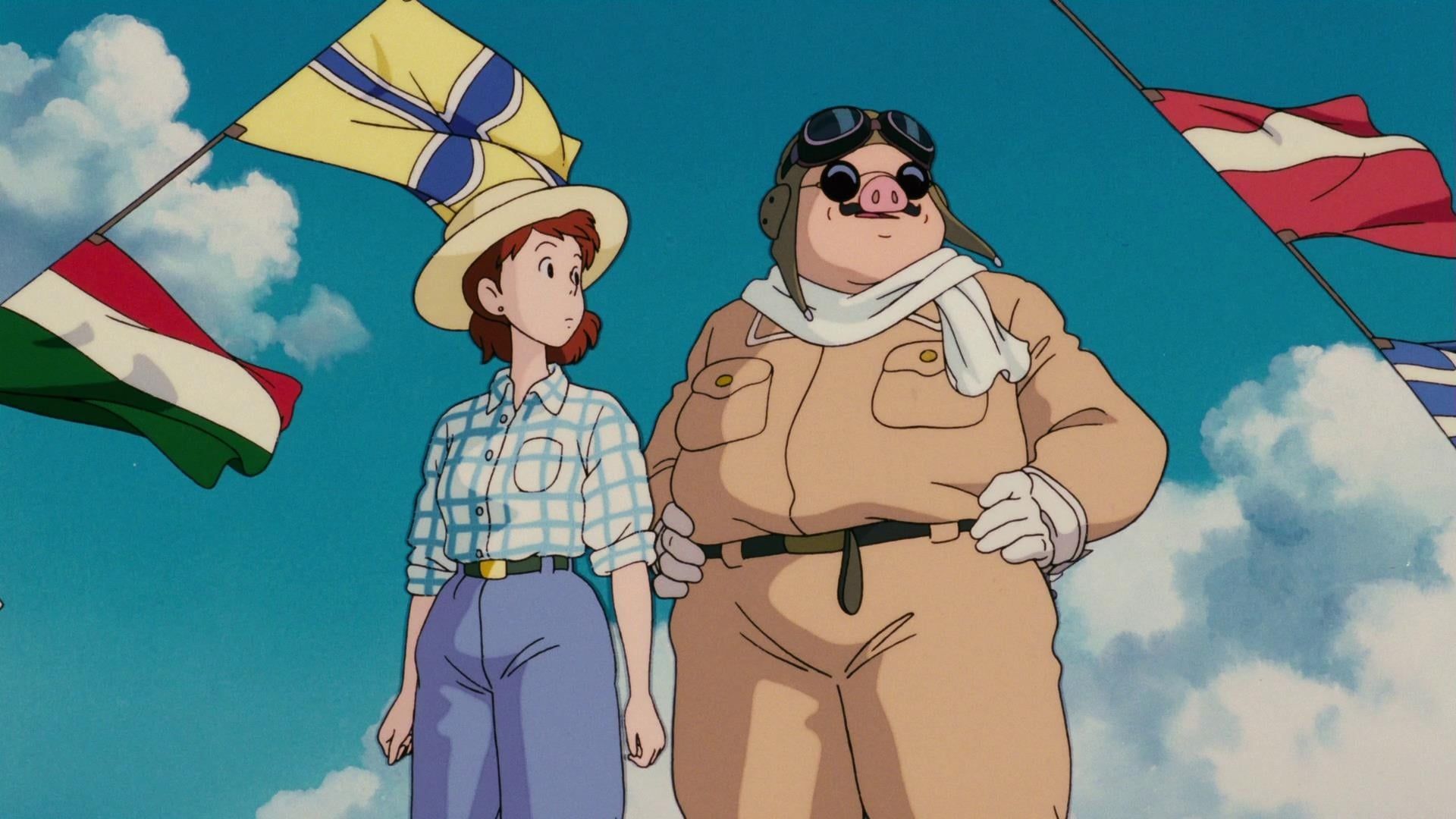Porco Rosso and Fio Piccolo standing together in the Porco Rosso.