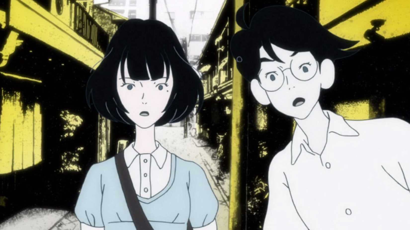 Characters from The Tatami Galaxy navigate through a city