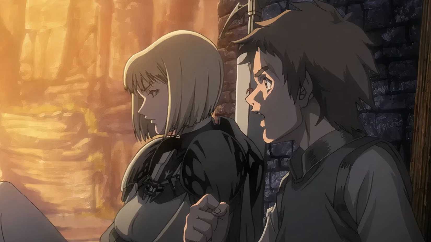 Clare and Raki talk while leaned against a wall in the Claymore anime.