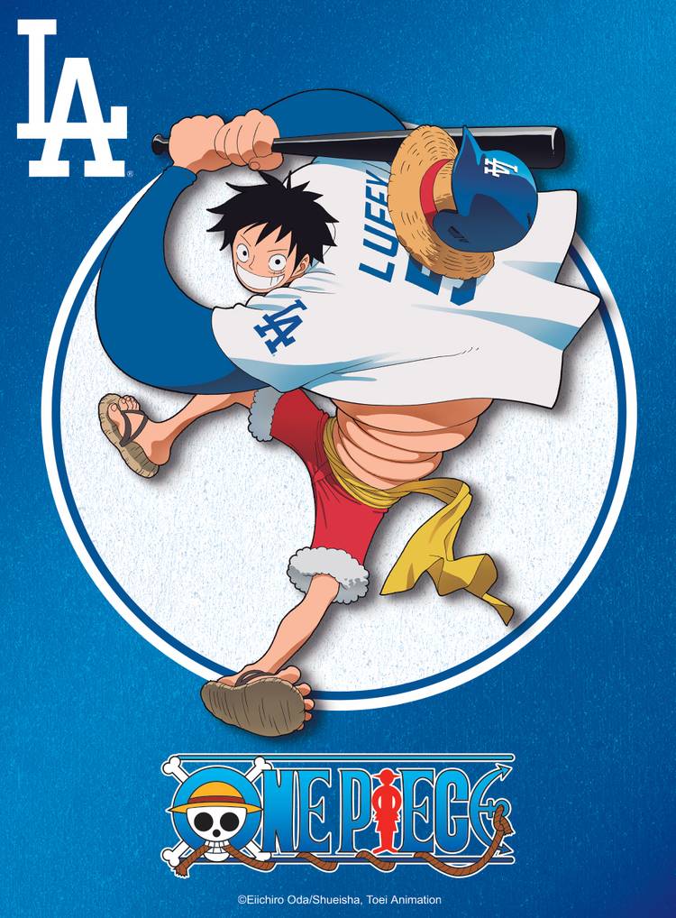 Visuel clé officiel de Monkey D. Luffy en tenue de baseball pour le prochain événement MLB d'une journée seulement mettant en vedette One Piece et les Dodgers de Los Angeles.