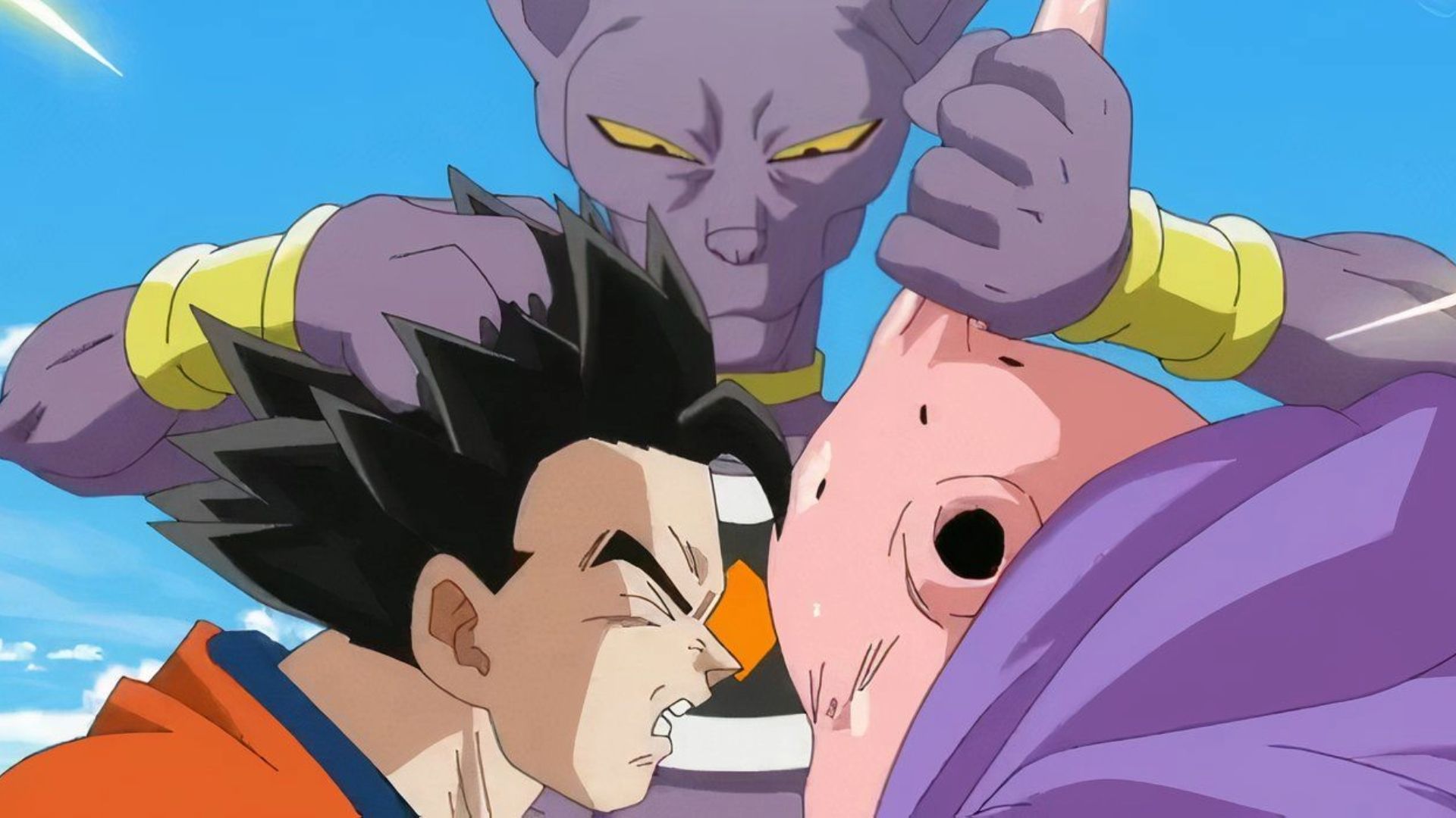 Dragon Ball Super Beerus écrase les visages de Gohan et Buu ensemble pendant la bataille