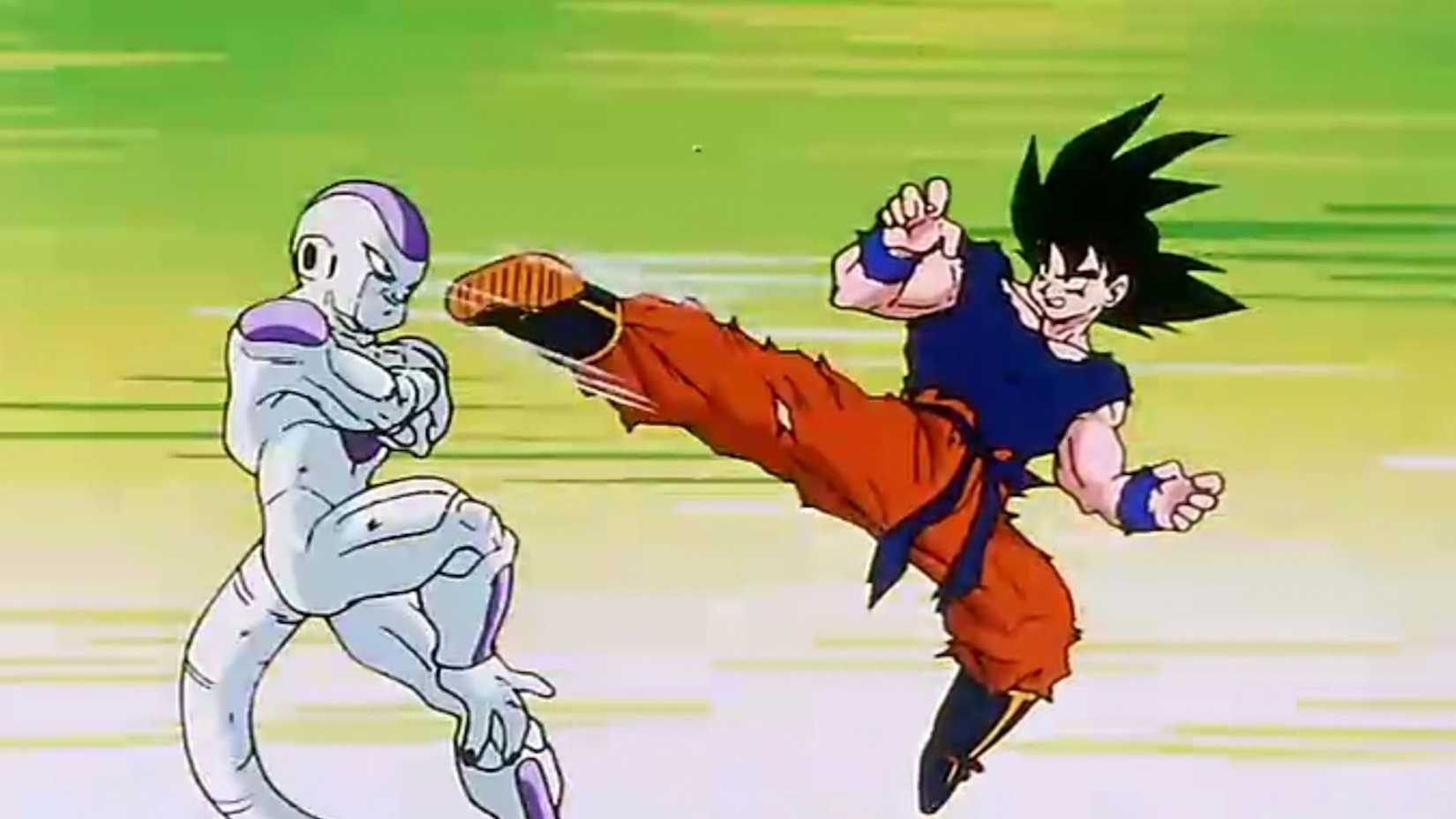 Goku kicks at Frieza in Dragon Ball Z.