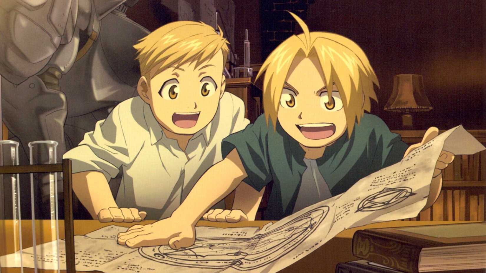 Edward and Alphonse Elric working on a human transmutation circle in Fullmetal Alchemist