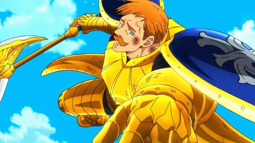 Escanor midair about to attack an opponent in The Seven Deadly Sins