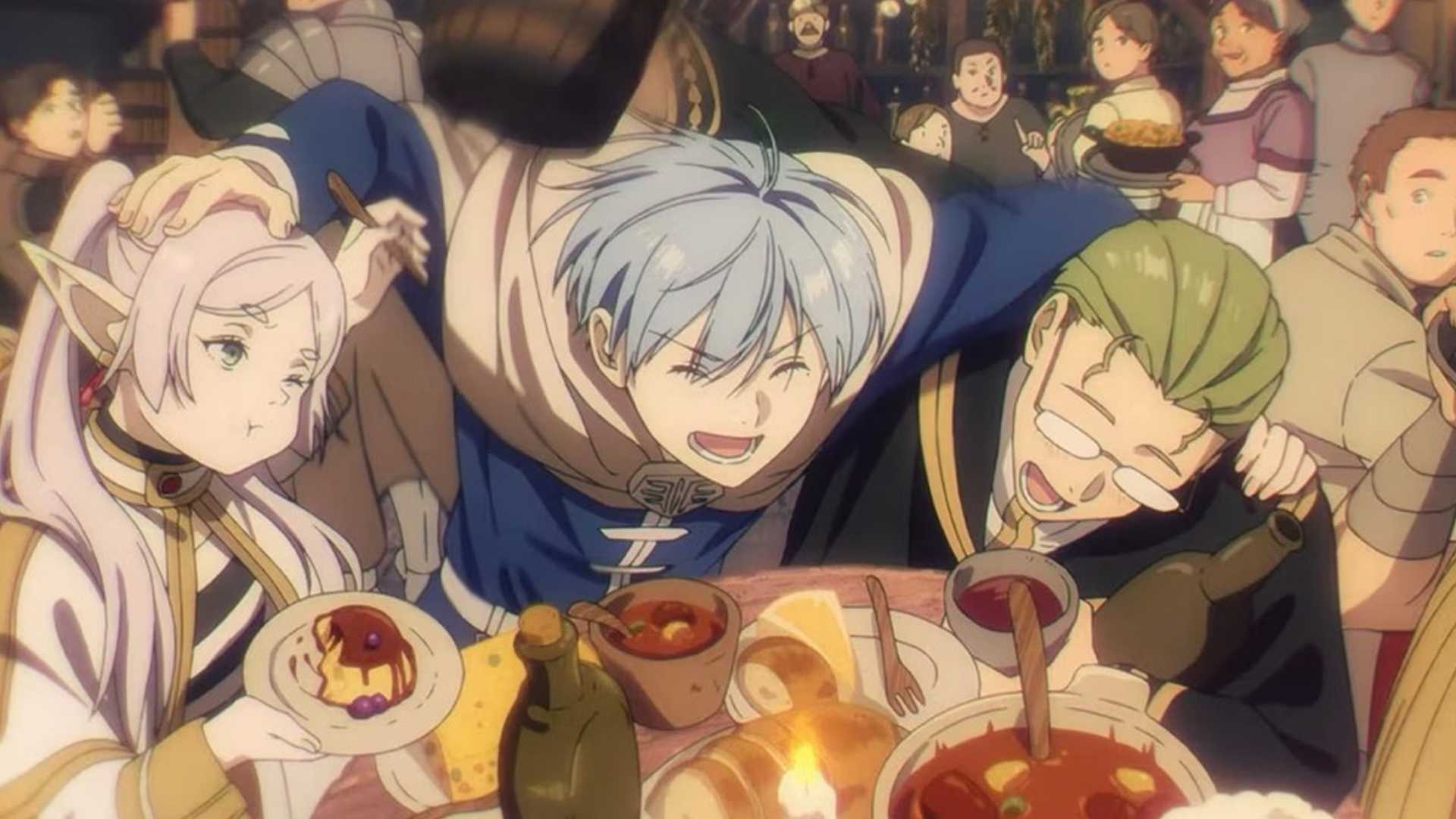 Frieren Beyond Journey's End with the party enjoying food and laughter