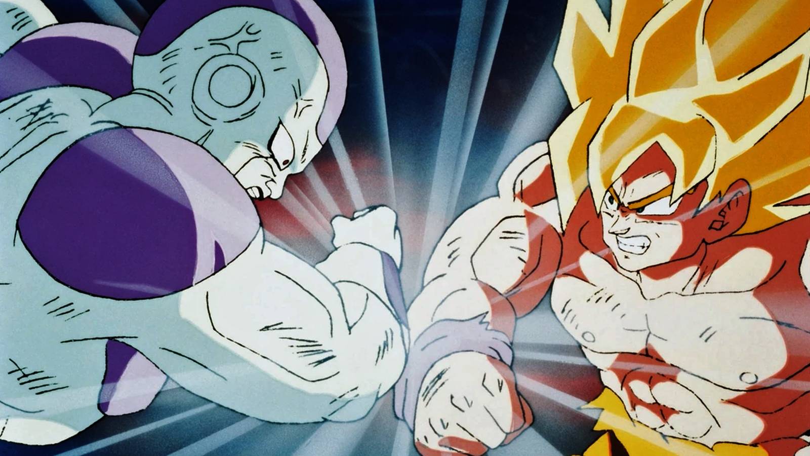 Super Saiyan Goku trades blows with Frieza in Dragon Ball Z.