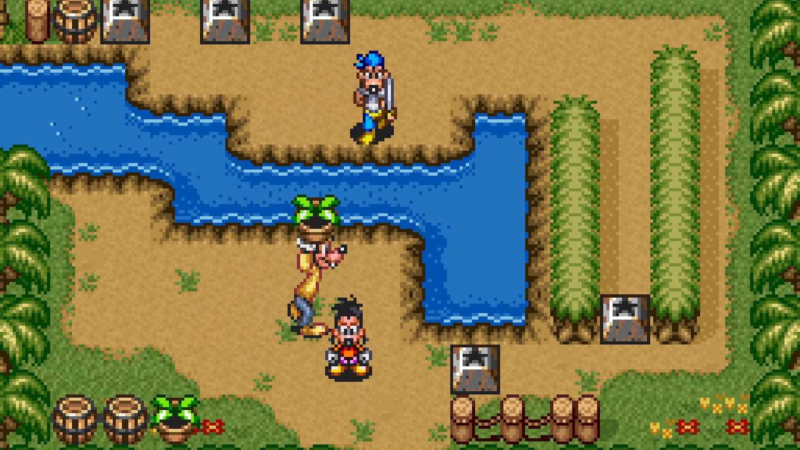A Goof Troop screenshot featuring Goofy and Max in the game's first level.