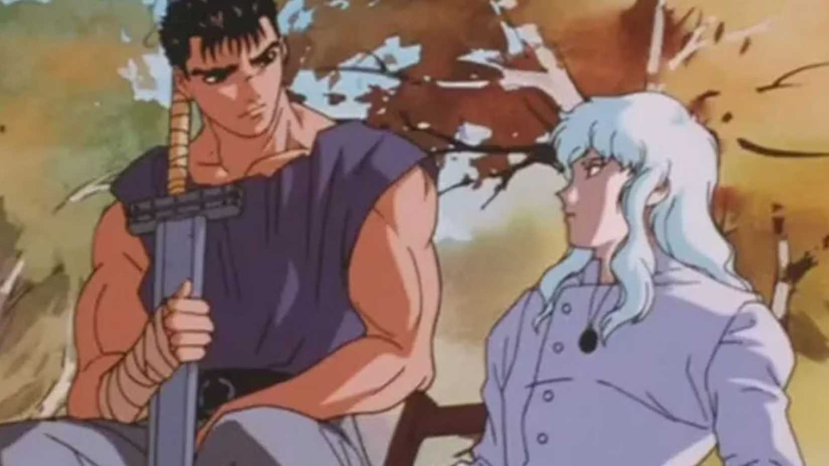Guts looking at Griffith while sitting down as Griffith leans against a bridge next to him in Berserk