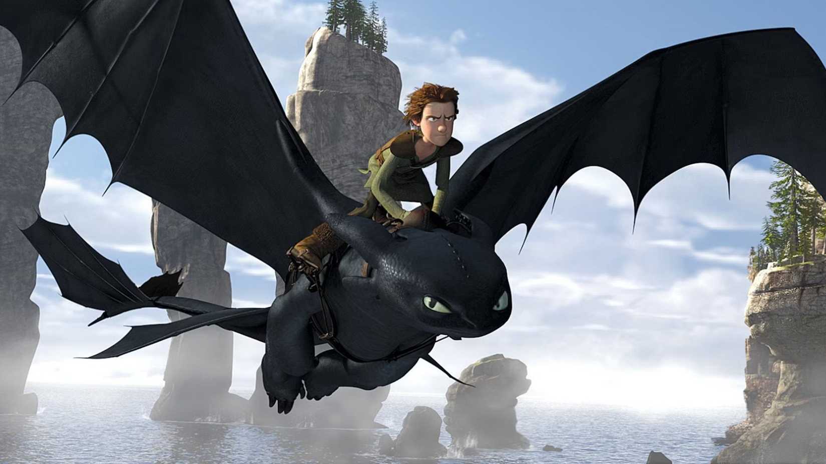 Hiccup and Toothless in flight in How to Train Your Dragon