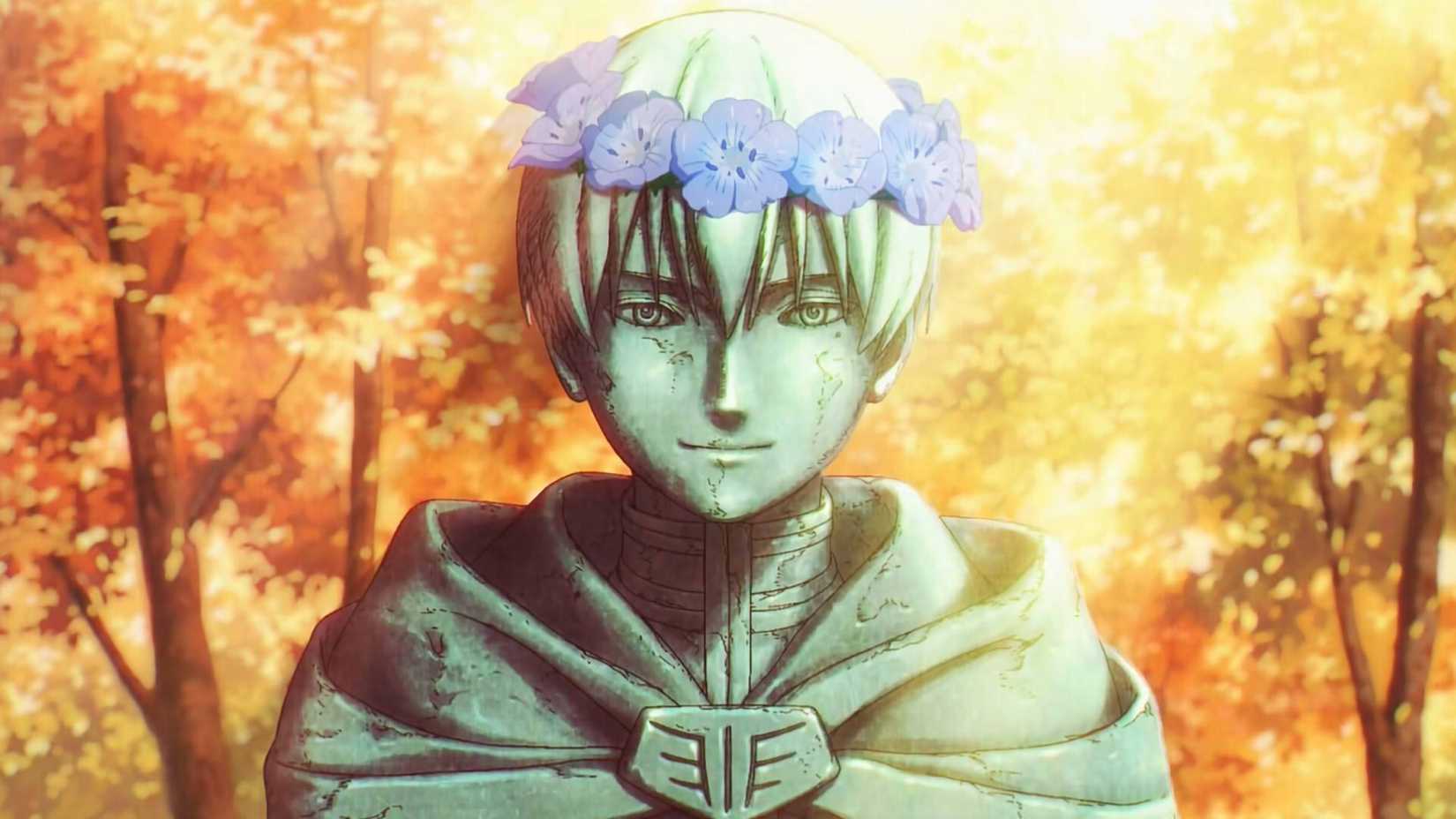 Himmel statue with a Blue Moon Weed flower crown in Frieren: Beyon Journey's End.