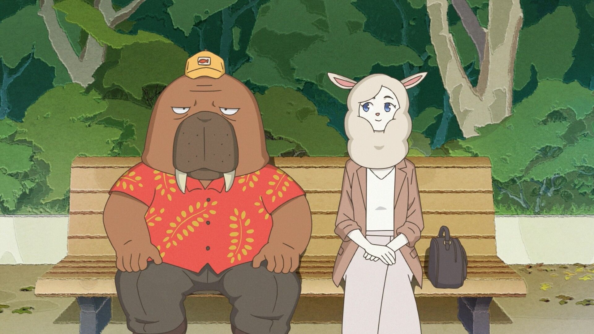 Hiroshi and Miho share a park bench in Odd Taxi.