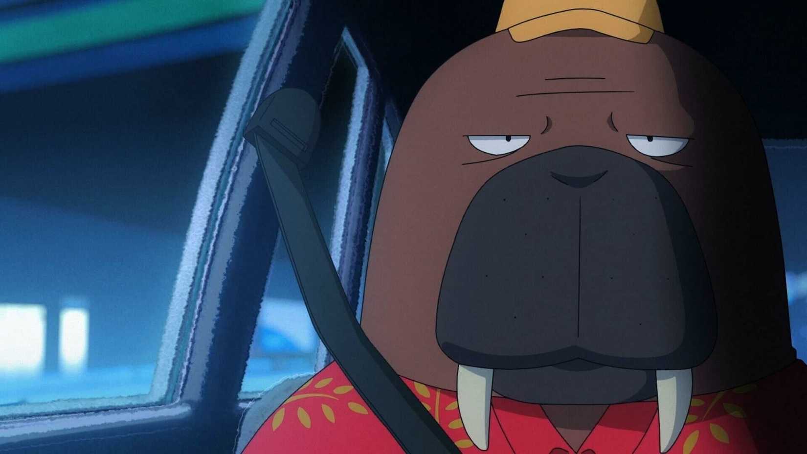 Hiroshi Odokawa drives his taxi in Odd Taxi