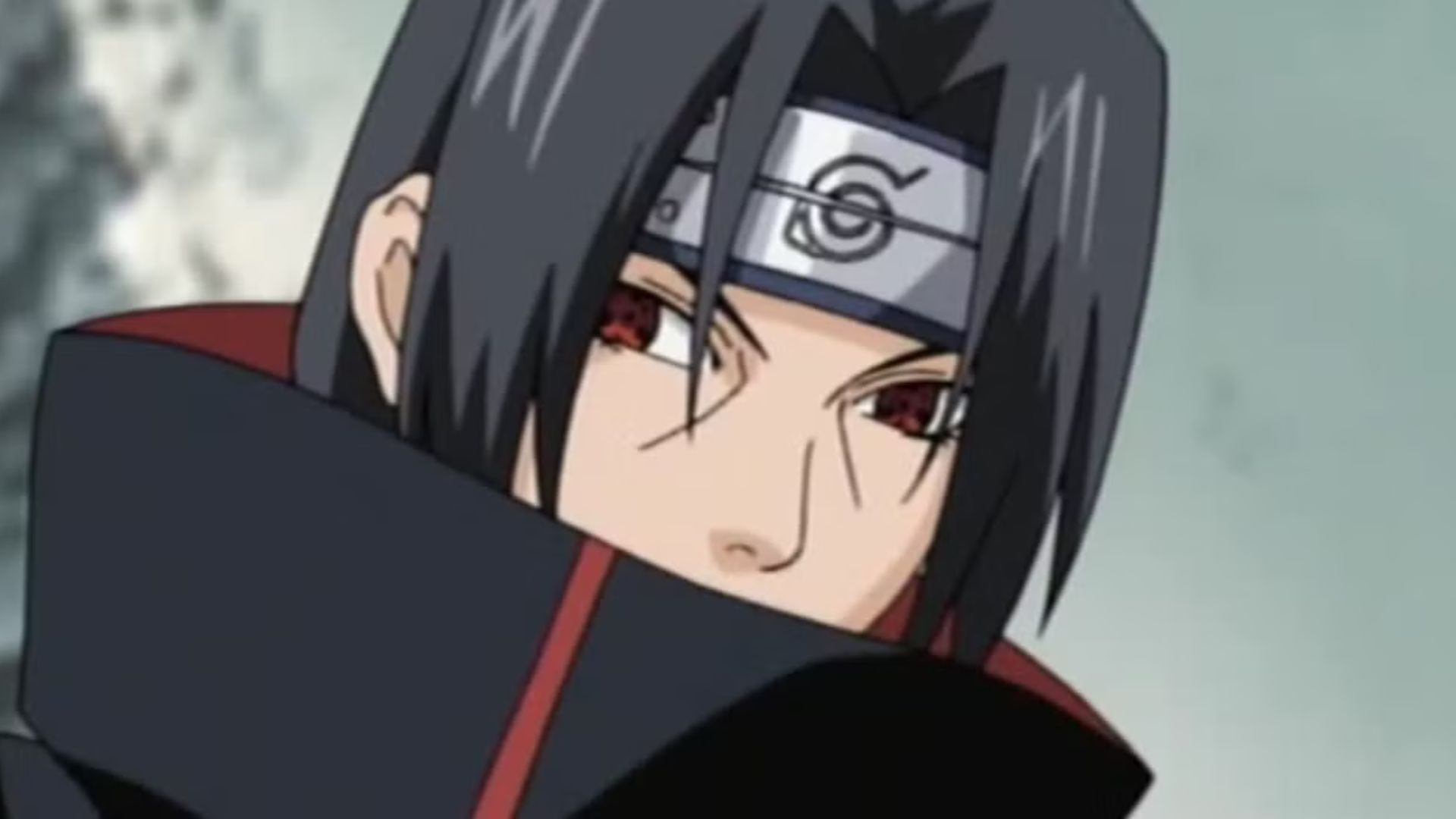 Itachi Uchiha looks to the side with his mouth covered.