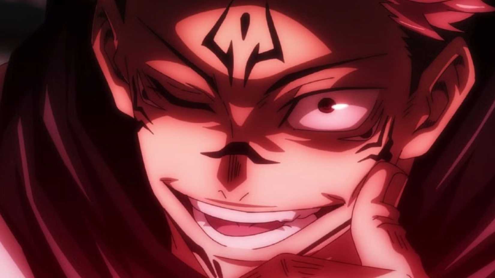 Ryomen Sukuna smiling while resting his thumb on his cheek in Jujutsu Kaisen
