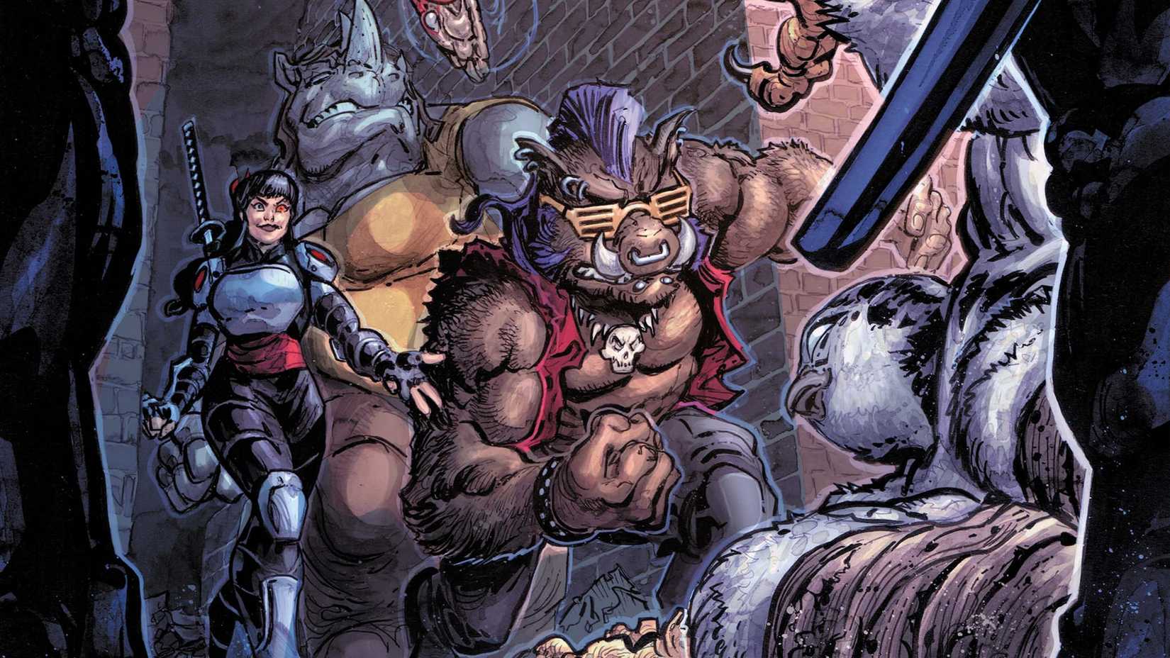 Karai, Beebop and Rocksteady approach a fallen Koya in TMNT 300