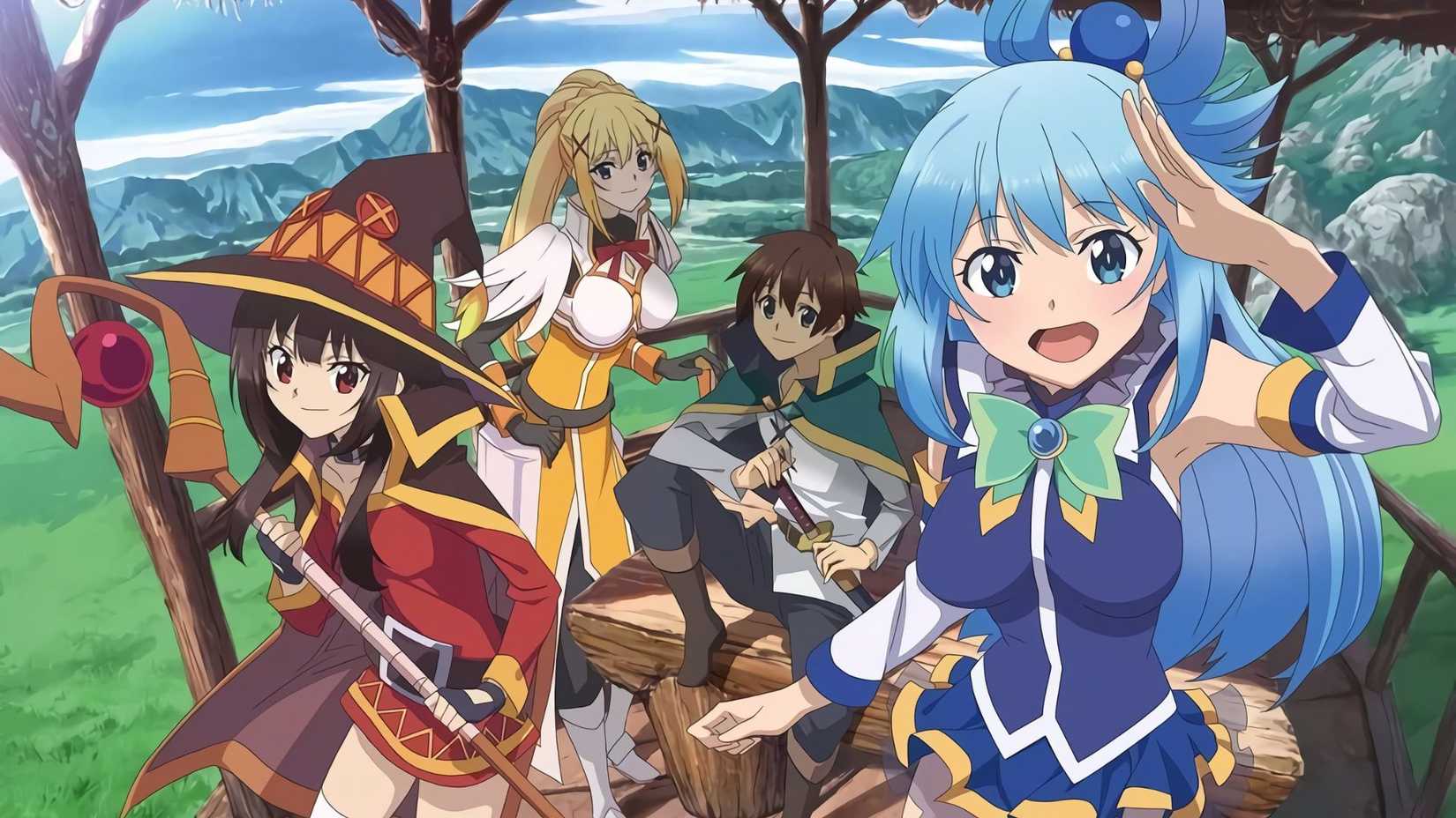Kazuma, Megumin, Aqua and Darkness hanging around in KonoSuba.