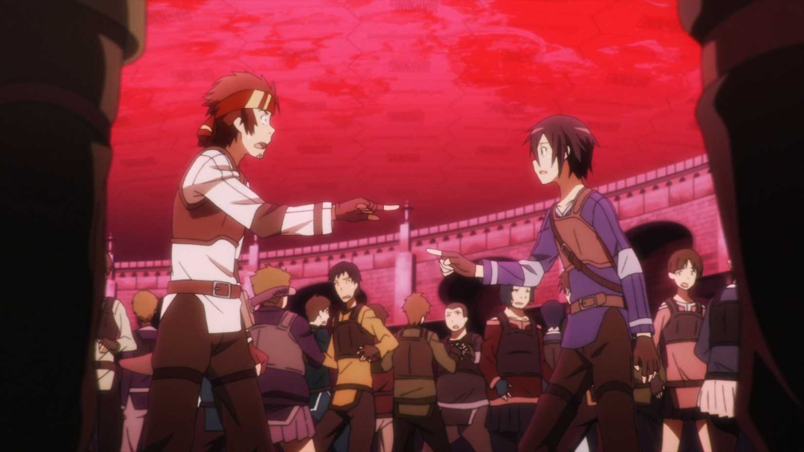 Klein and Kirito stare at each other's true appearance in Sword Art Online episode one