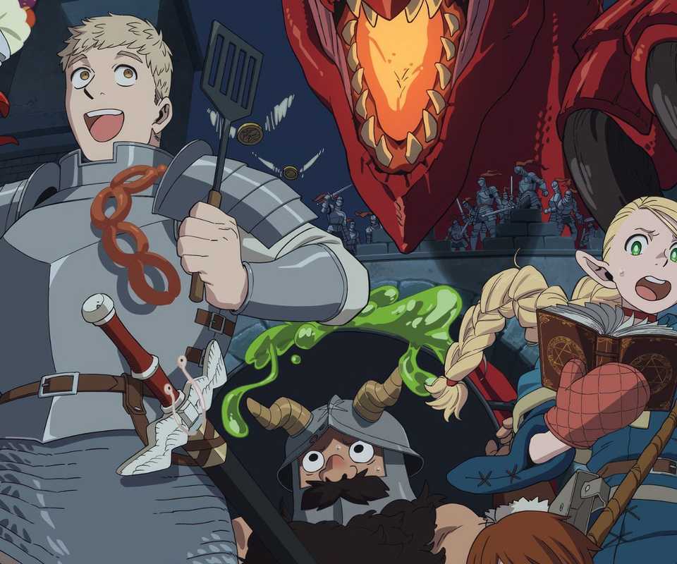 Laios and his party escape the red dragon in Delicious in Dungeon.