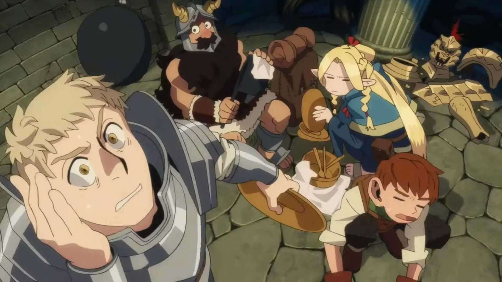 Laios et son groupe à l'intérieur du donjon dans Delicious in Dungeon