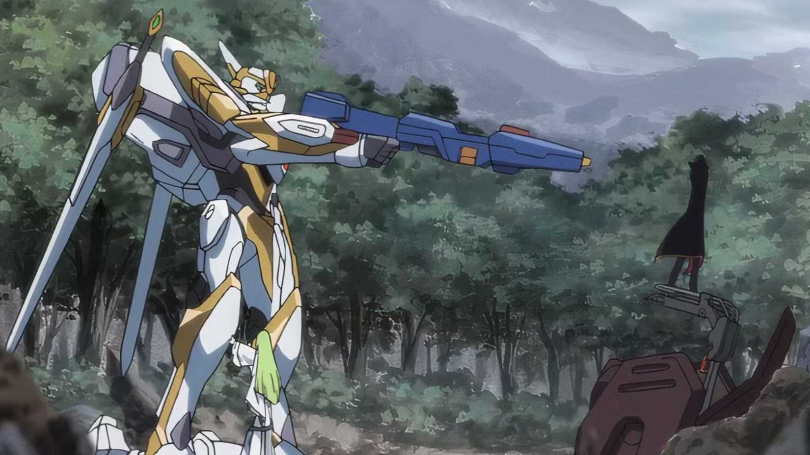 Lelouch vi Britannia (Zero), C.C. and the Lancelot Knightmare Frame in Code Geass Season One.