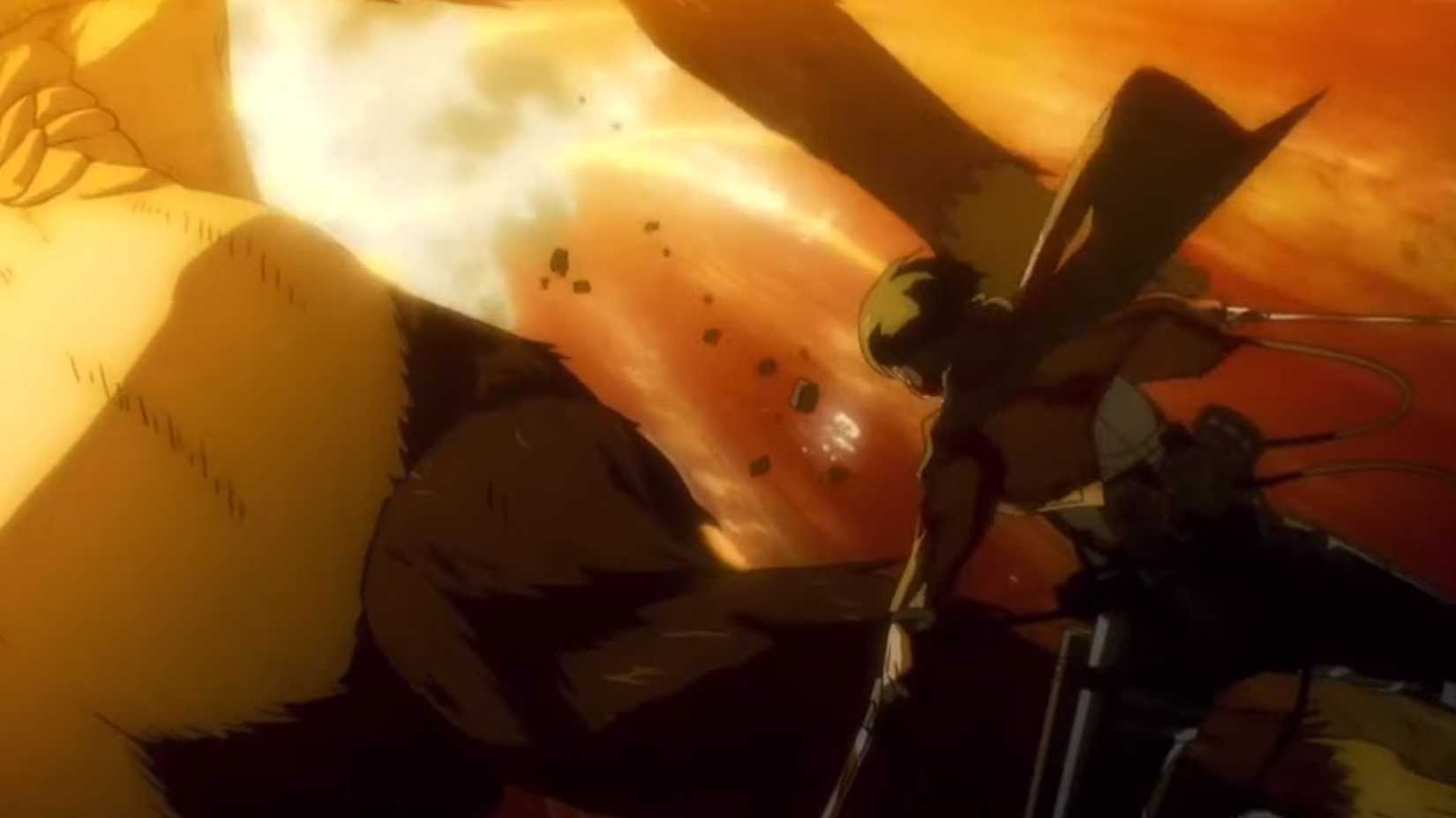 Levi attacking Zeke in his Beast Titan form in Attack on Titan