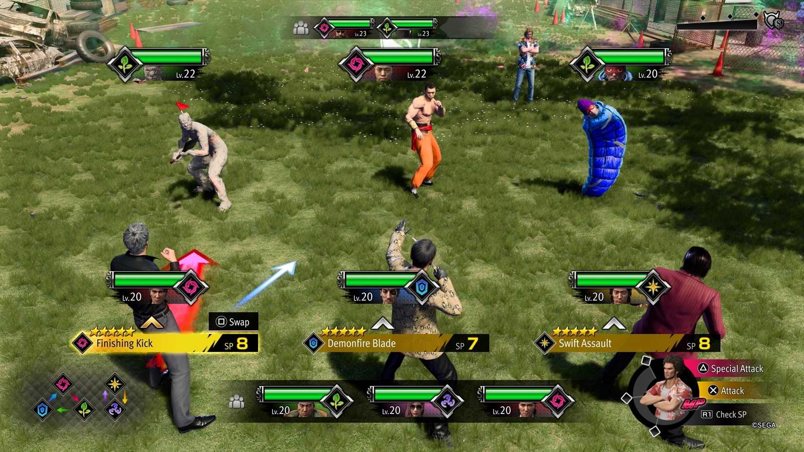 A Sujimon League battle occurring with Kiryu, Majima, and Akiyama against three random enemies in Like A Dragon Infinite Wealth