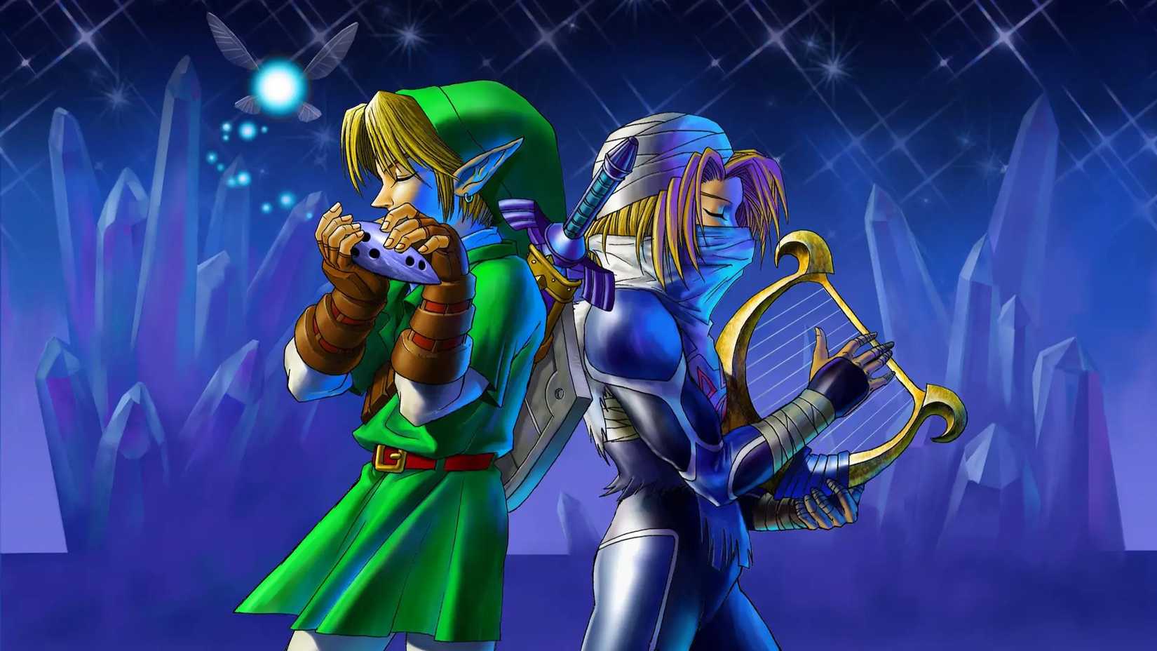 Link playing an ocarina and Sheik playing a harp in artwork for The Legend of Zelda: Ocarina of Time