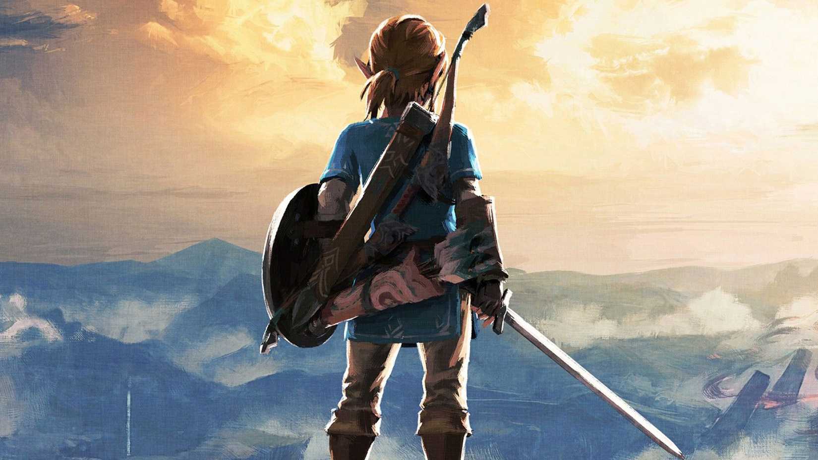 Link looking out over the mountain range while holding his sword and shield in The Legend of Zelda Breath of the Wild