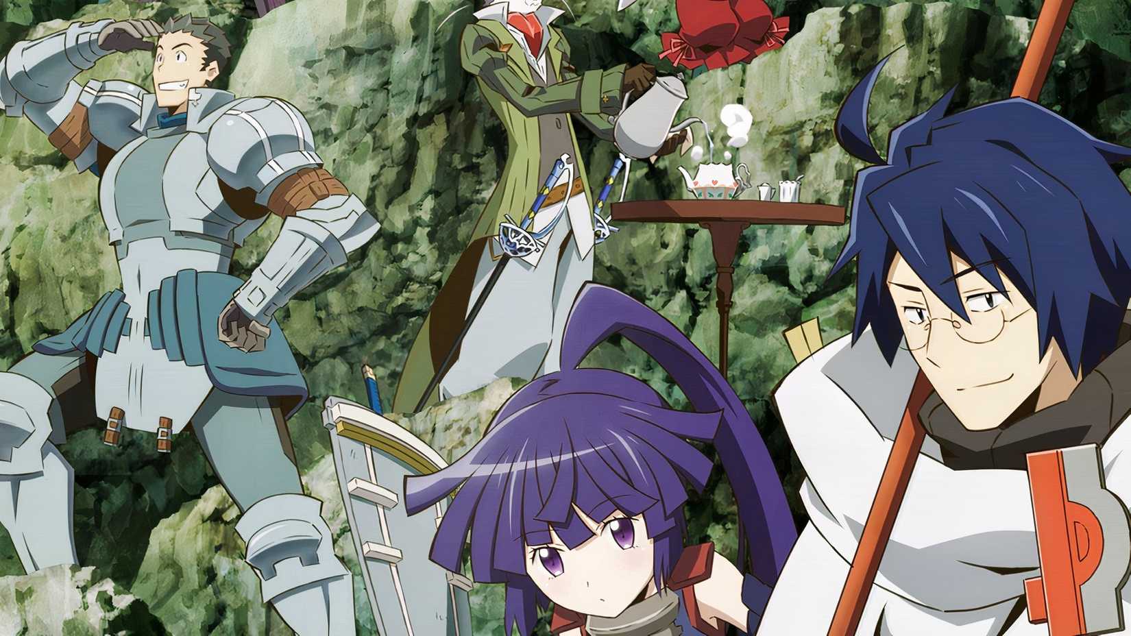 Shiroe, Naotsugu, Akatsuki, and Nyanta heroically pose in Log Horizon.