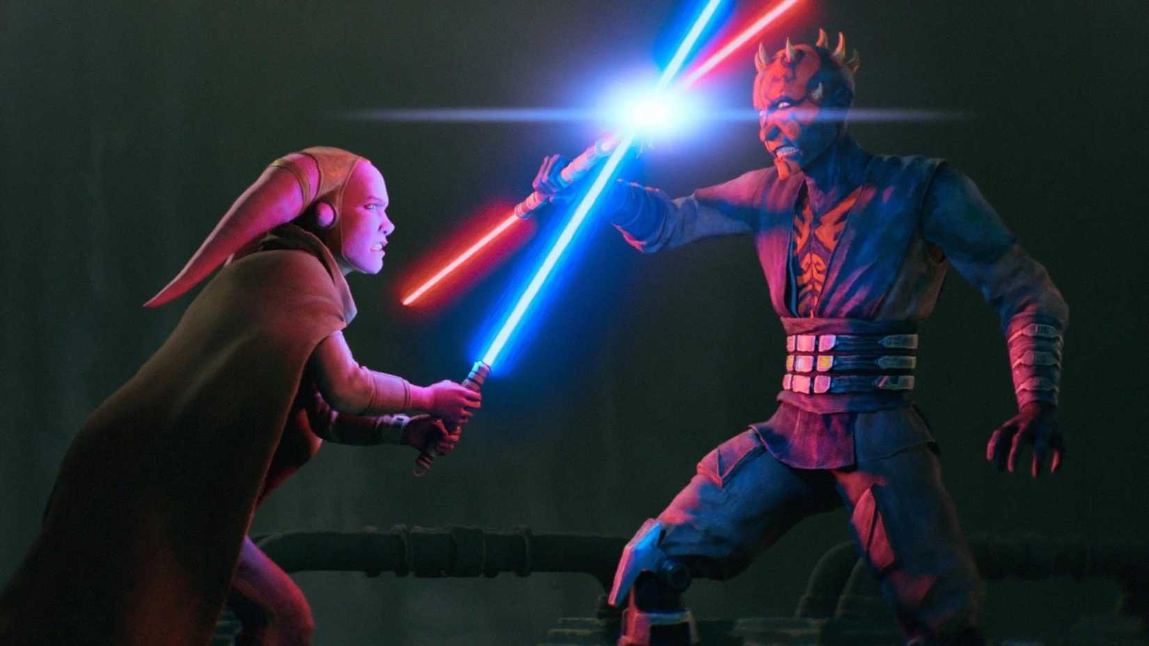 Maul battles Devon Izara with lightsabers.